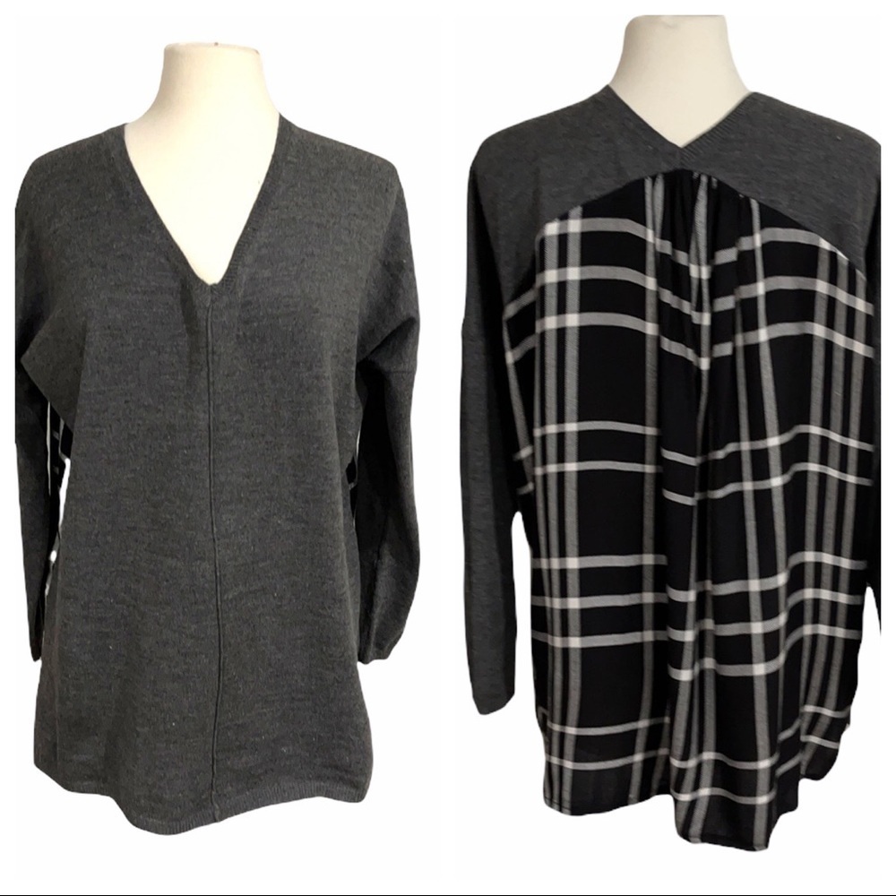 STACCATO Vee Neck Sweater With Plaid Fabric Back Grey/Black SZ L